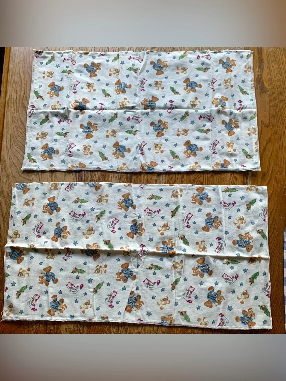 2 Vtg Blue Jean Teddy Bears Springs Industries Cotton Flannel Receiving Blankets